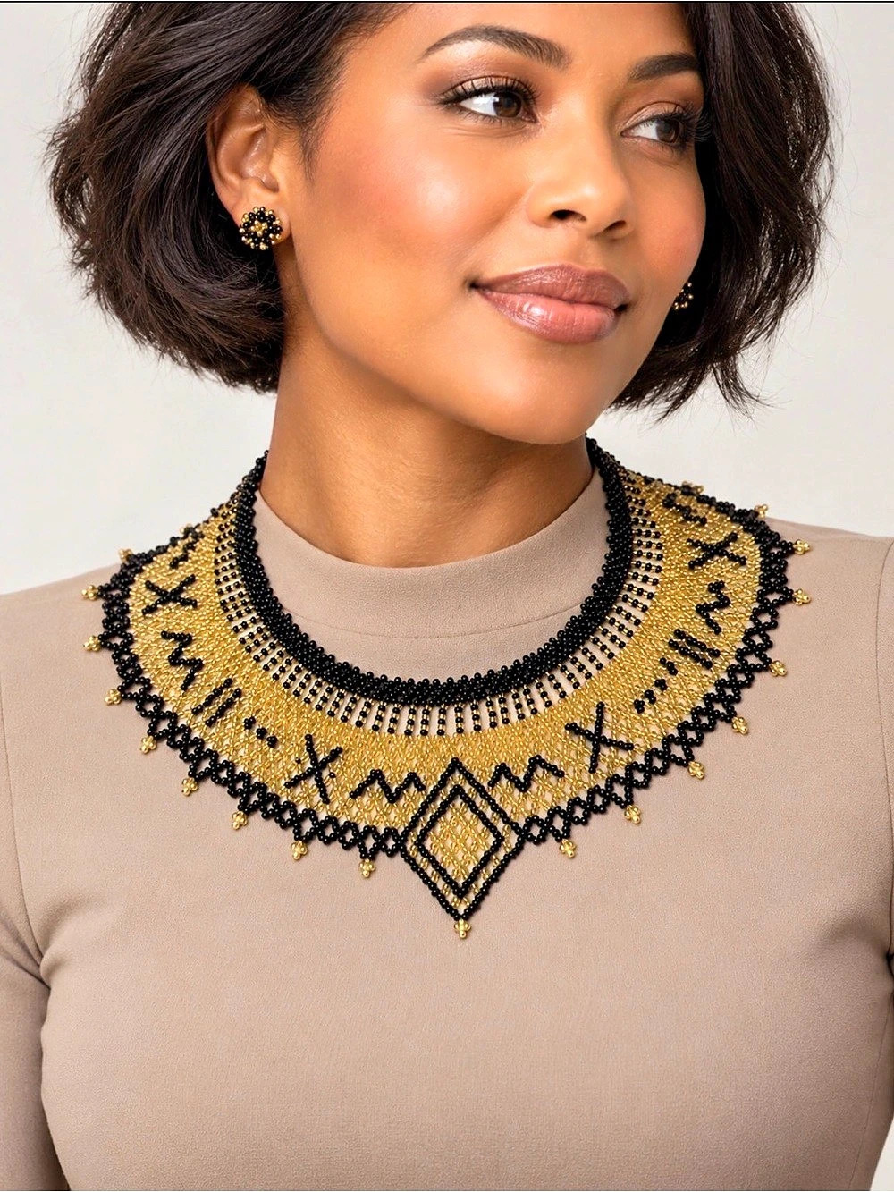 Handmade Black & Gold Beaded Mesh Collar Necklace Set